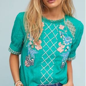 Anthropologie Teal Embroidered Blouse